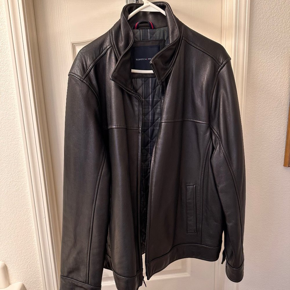 Tommy Hilfiger Soft Leather Moto Bomber Jacket - LARGE